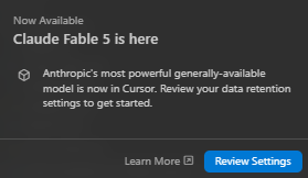 การ์ดแจ้ง Claude Fable 5 ใน Cursor เมื่อเปิดแอป